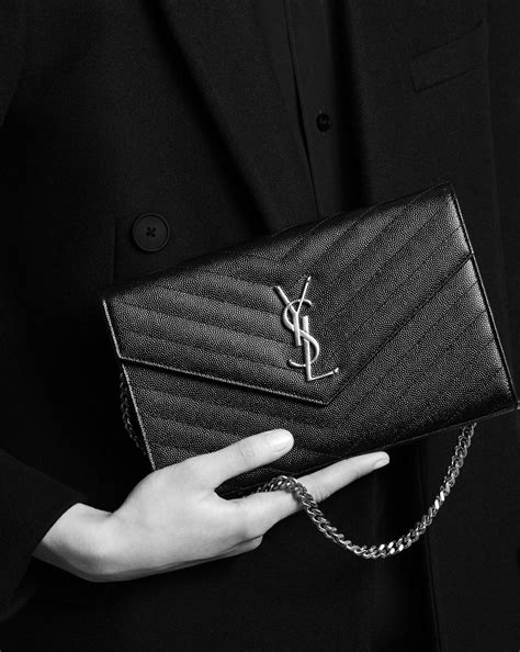 YSL Monogram Enveloppe Chain Wallet In Pale Silver Grained 